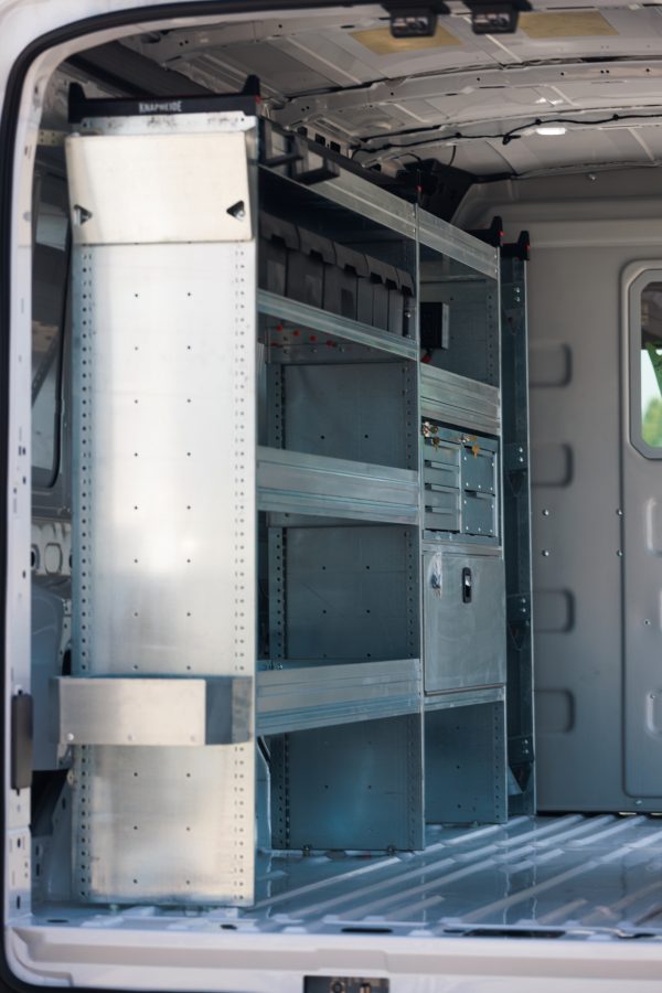 Van interior with shelving and racking system